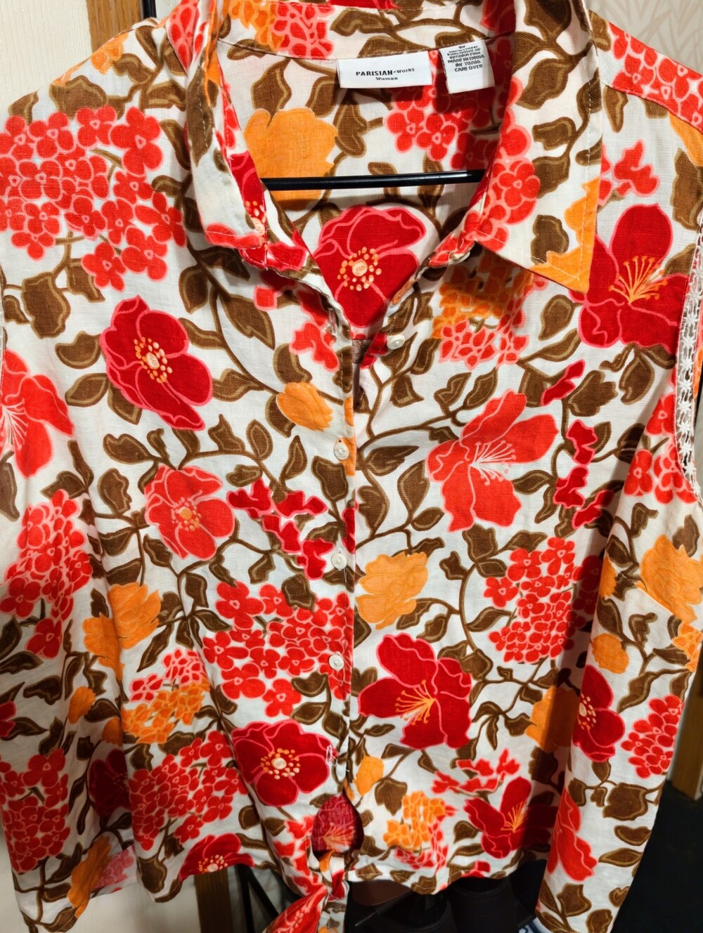 Parisian Works Sleeveless Fall Floral Button Down Linen Tie Waist Top Size 3XL